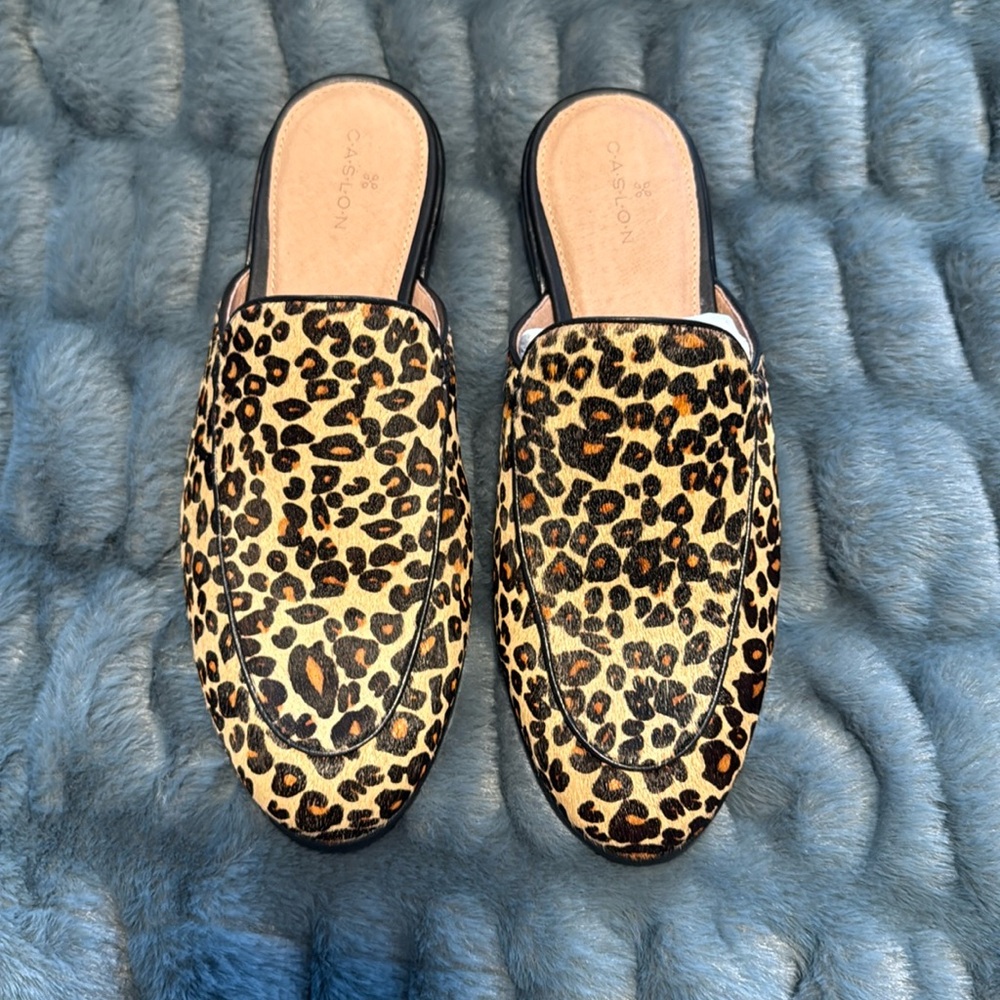 Caslon leopard calf hair mules slides